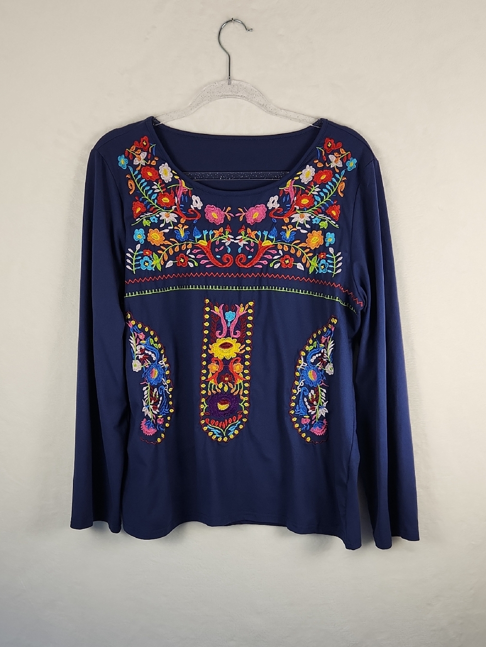 Melliflo Floral Embroidered Peasant Blouse Blue Long Sleeve Mexican Shirt XL